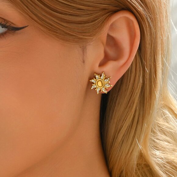 Sun Gold Stud Earrings 1.7mm Hypoallergenic Stainless Steel Celestial Jewelry Gi - Picture 2 of 7